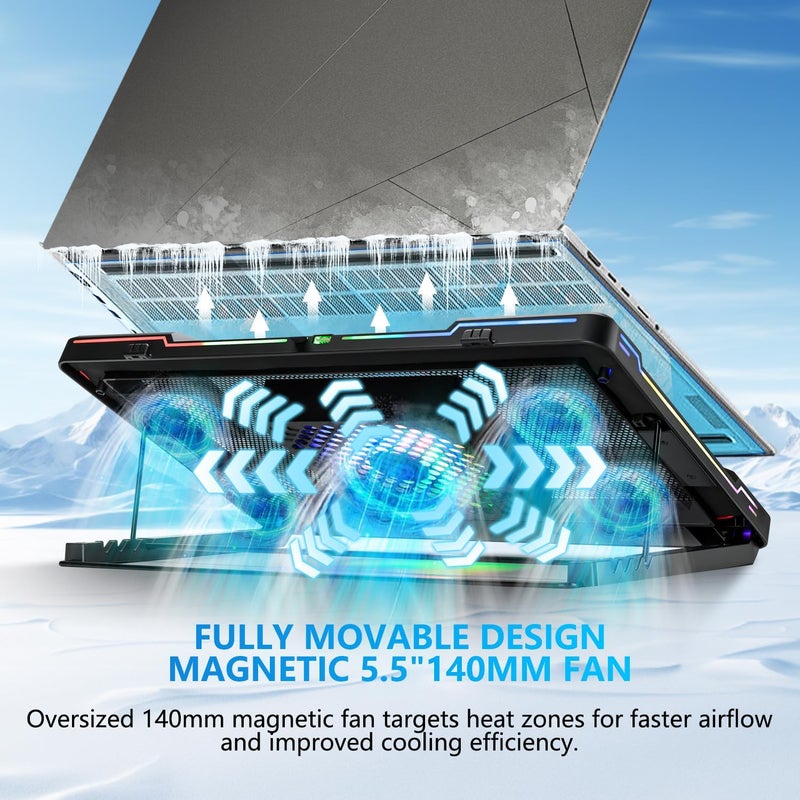 G-STORY Gaming Laptop Cooling Pad with Movable Fan and Automatic Speed Adjustable by Temperature,Music Sync RGB Light,Low Noise Laptop Cooler 3 Speed 1500/1750/2000RPM(140MM) Stand 12–18" Notebook - Image 2